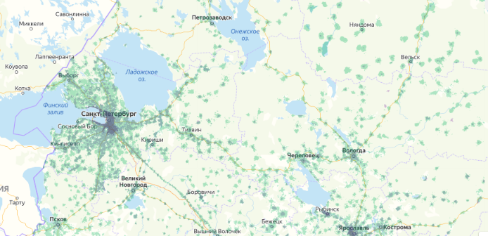 Зона покрытия МТС на карте Волгоград 